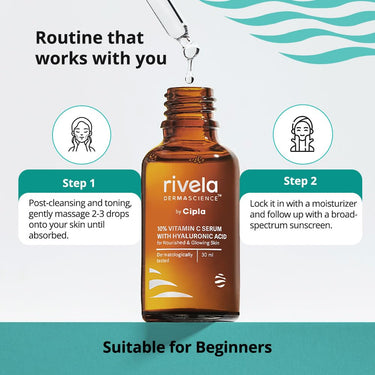 Rivela Dermascience By Cipla 10% Vitamin C Face Serum For Bright & Glowing Skin, Anti Ageing Formula With Hyaluronic Acid For All Skin Types, 30ml